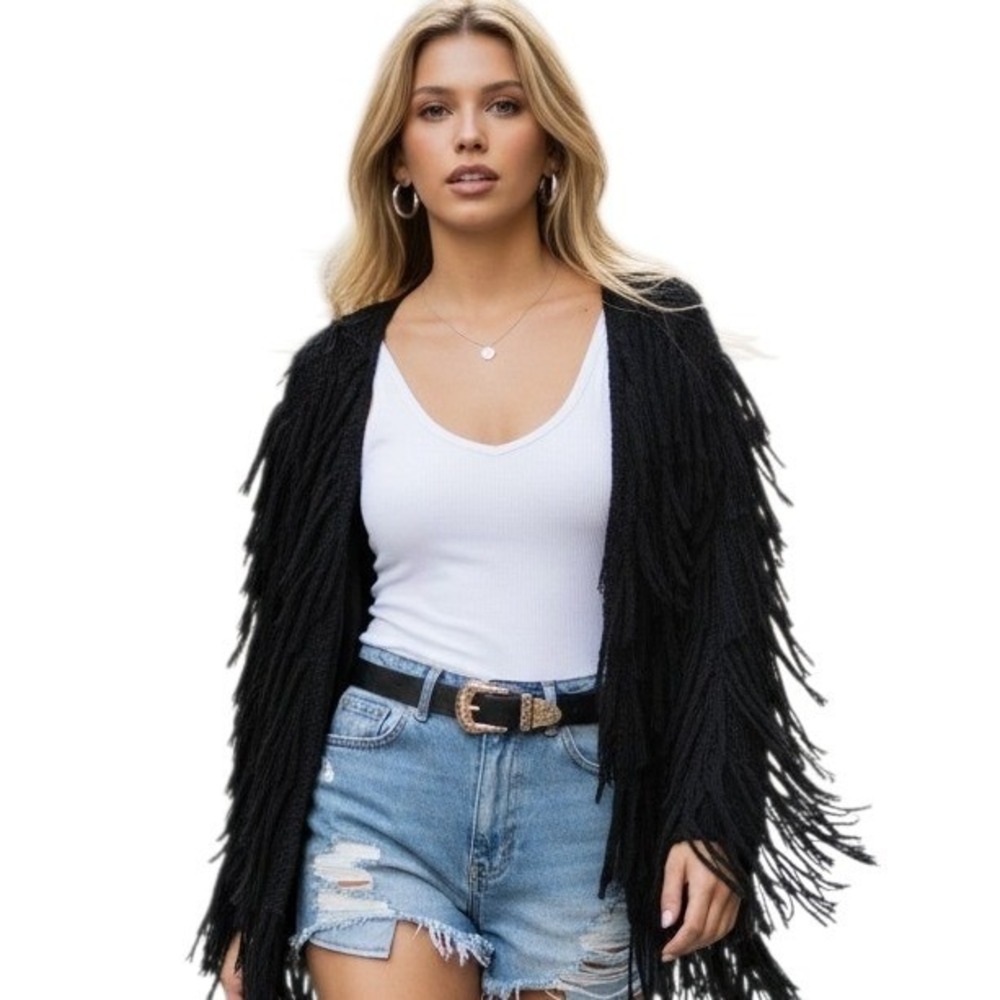 Whimsigoth Fringe Open Knit Shaggy Women's size Small‎ Gothy Oversized Cardigan